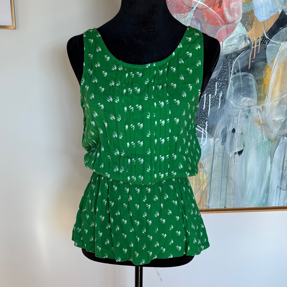 Anthropologie Dove Print Green Sleeveless Blouse with tie back shoulder